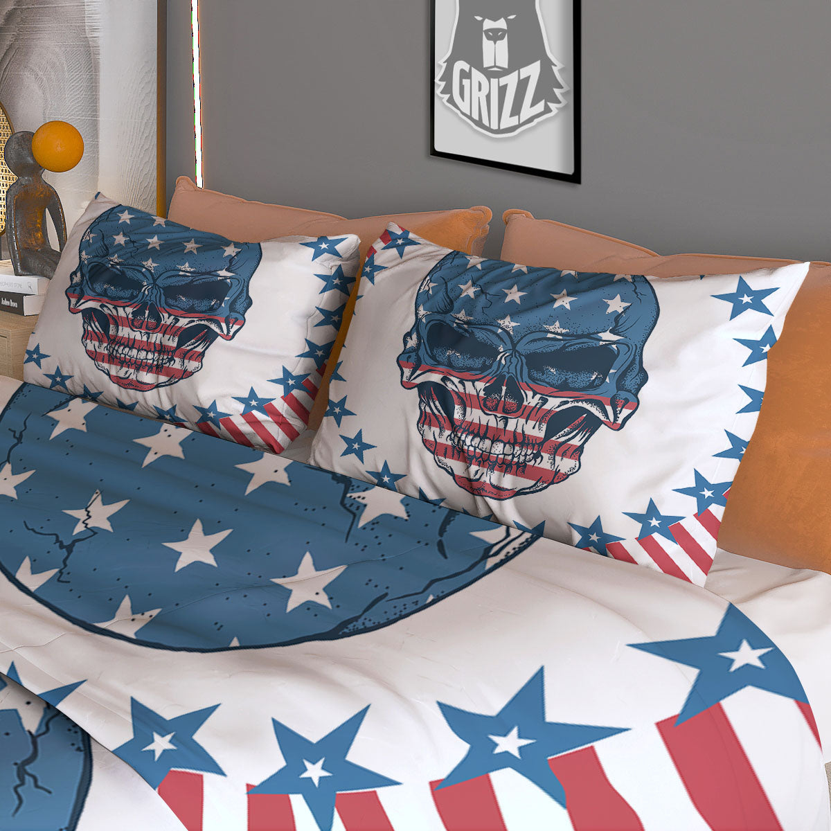 Skull Patriotic American Print Duvet Cover Bedding Set