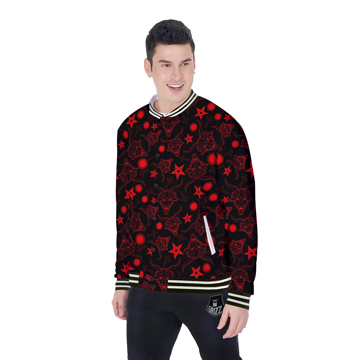 Skull Pentagram Satan Goat Print Pattern Baseball Jacket-grizzshop