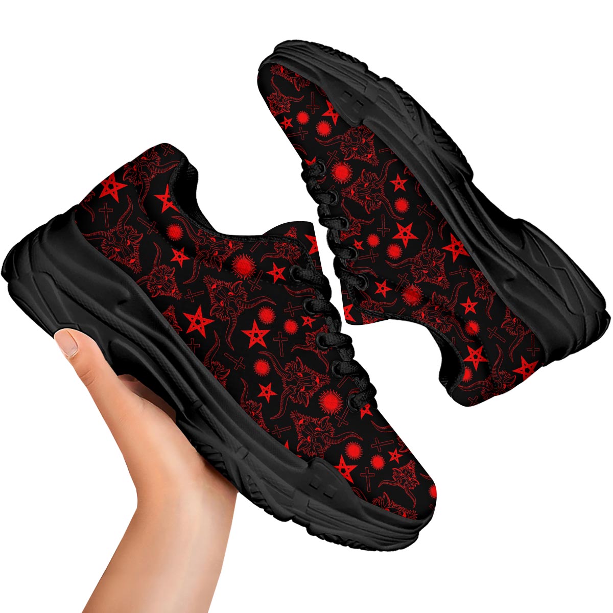 Skull Pentagram Satan Goat Print Pattern Black Chunky Shoes-grizzshop