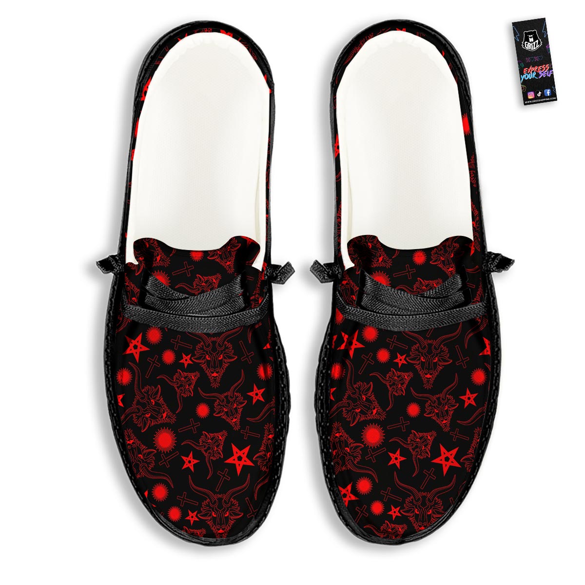 Skull Pentagram Satan Goat Print Pattern Black Loafers-grizzshop