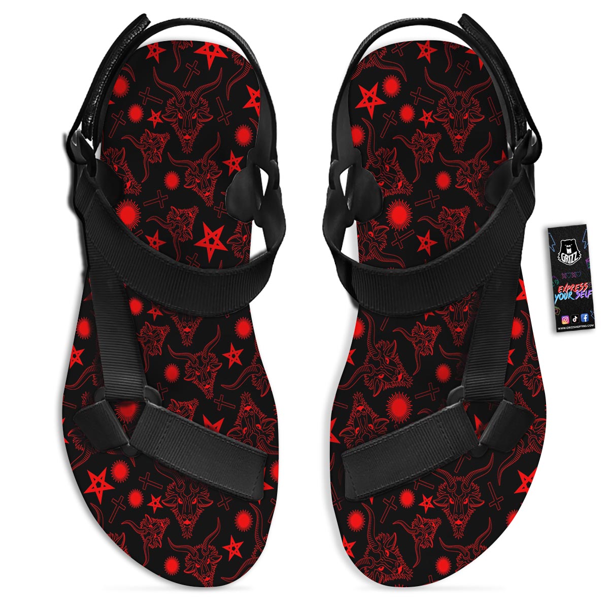Skull Pentagram Satan Goat Print Pattern Black Open Toe Sandals-grizzshop