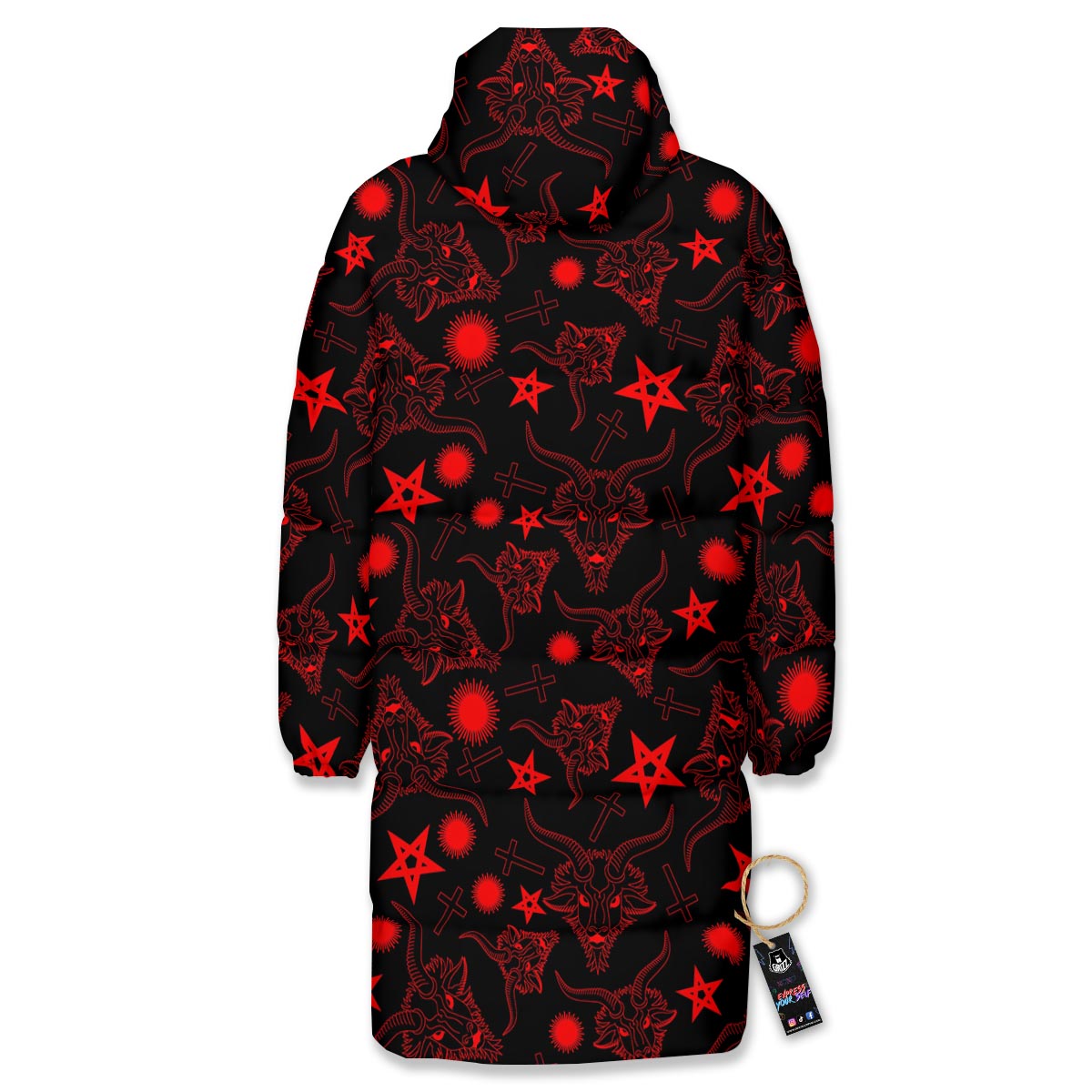 Skull Pentagram Satan Goat Print Pattern Long Down Jacket-grizzshop