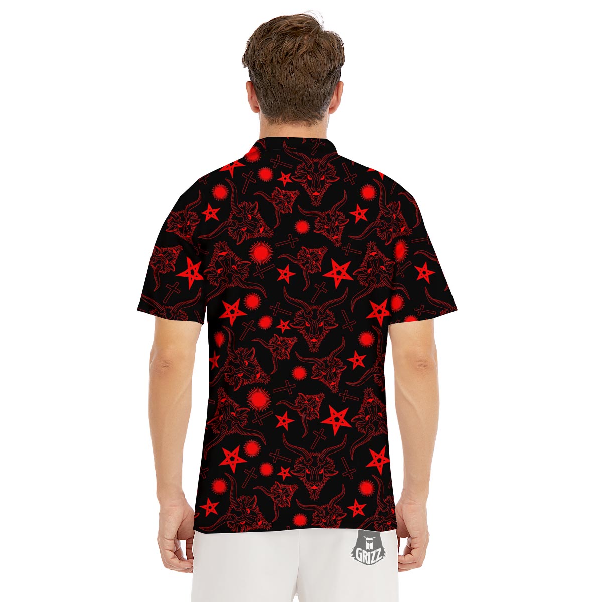 Skull Pentagram Satan Goat Print Pattern Men's Golf Shirts-grizzshop