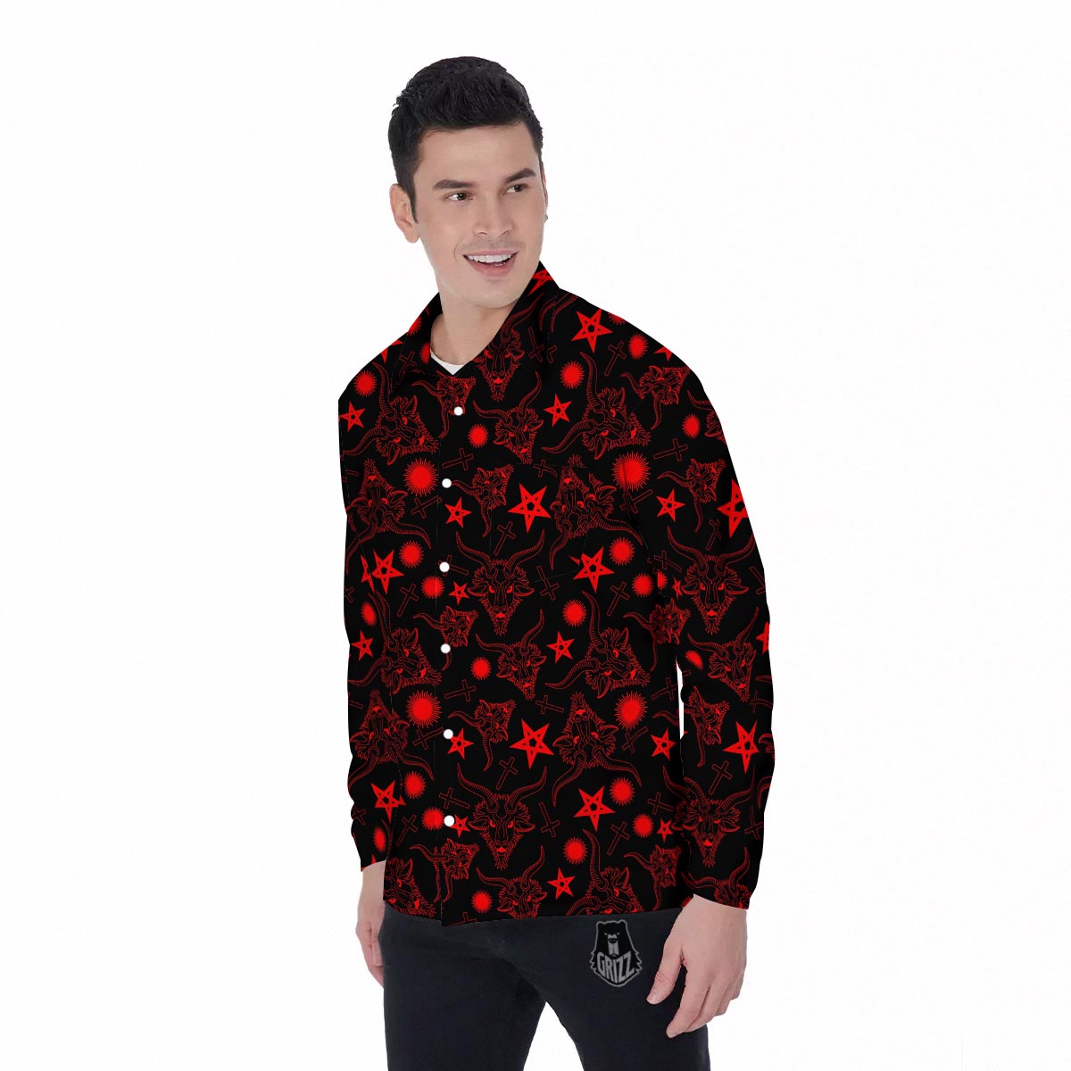 Skull Pentagram Satan Goat Print Pattern Men's Long Sleeve Shirts-grizzshop
