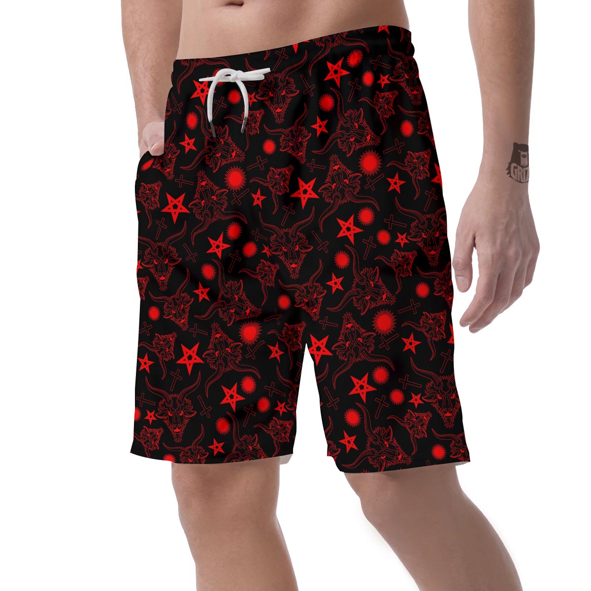 Skull Pentagram Satan Goat Print Pattern Men's Shorts-grizzshop