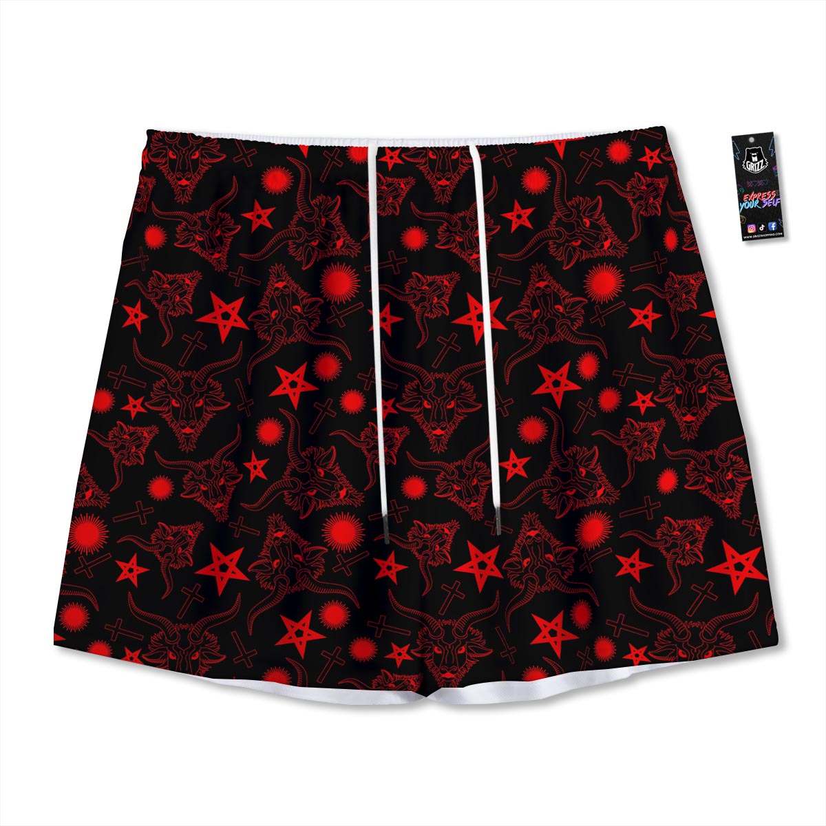 Skull Pentagram Satan Goat Print Pattern Mesh Shorts