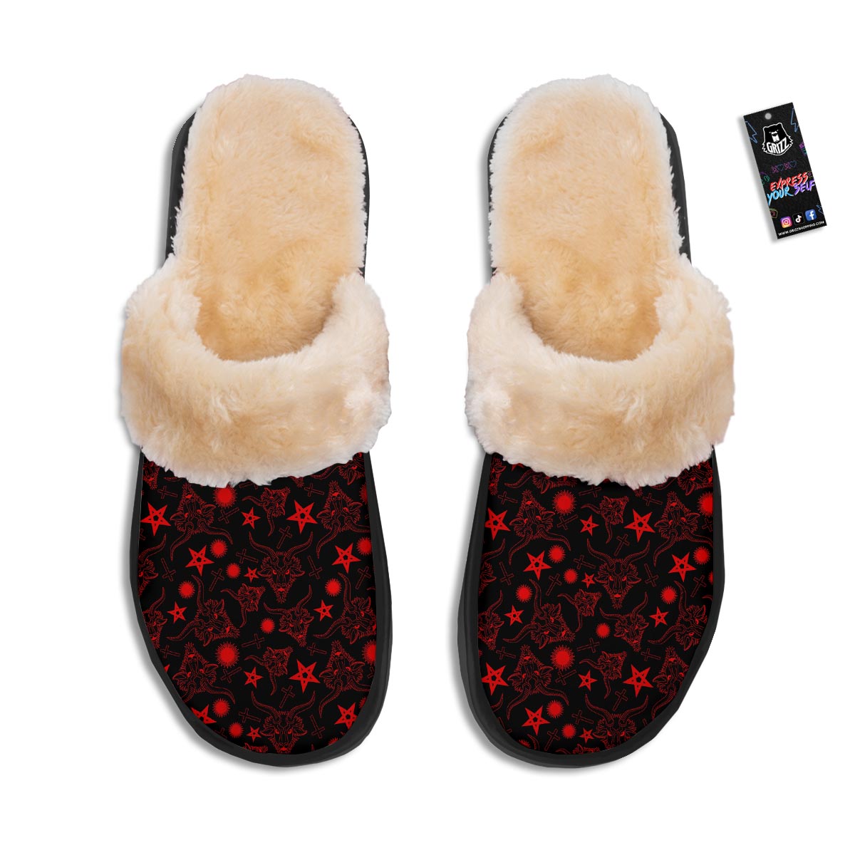 Skull Pentagram Satan Goat Print Pattern Slippers-grizzshop