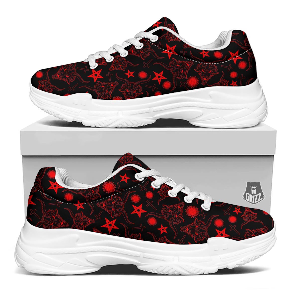 Skull Pentagram Satan Goat Print Pattern White Chunky Shoes-grizzshop