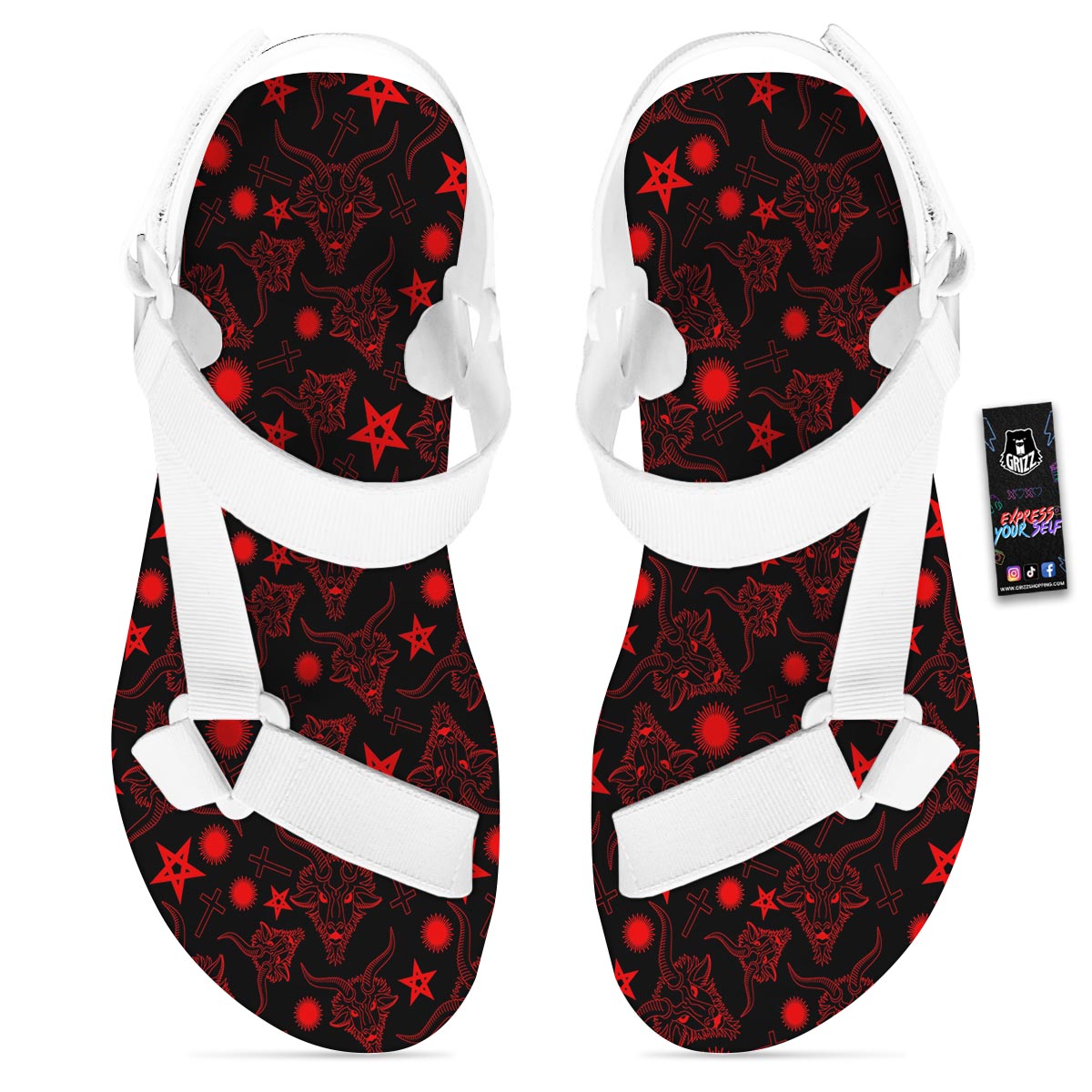 Skull Pentagram Satan Goat Print Pattern White Open Toe Sandals-grizzshop