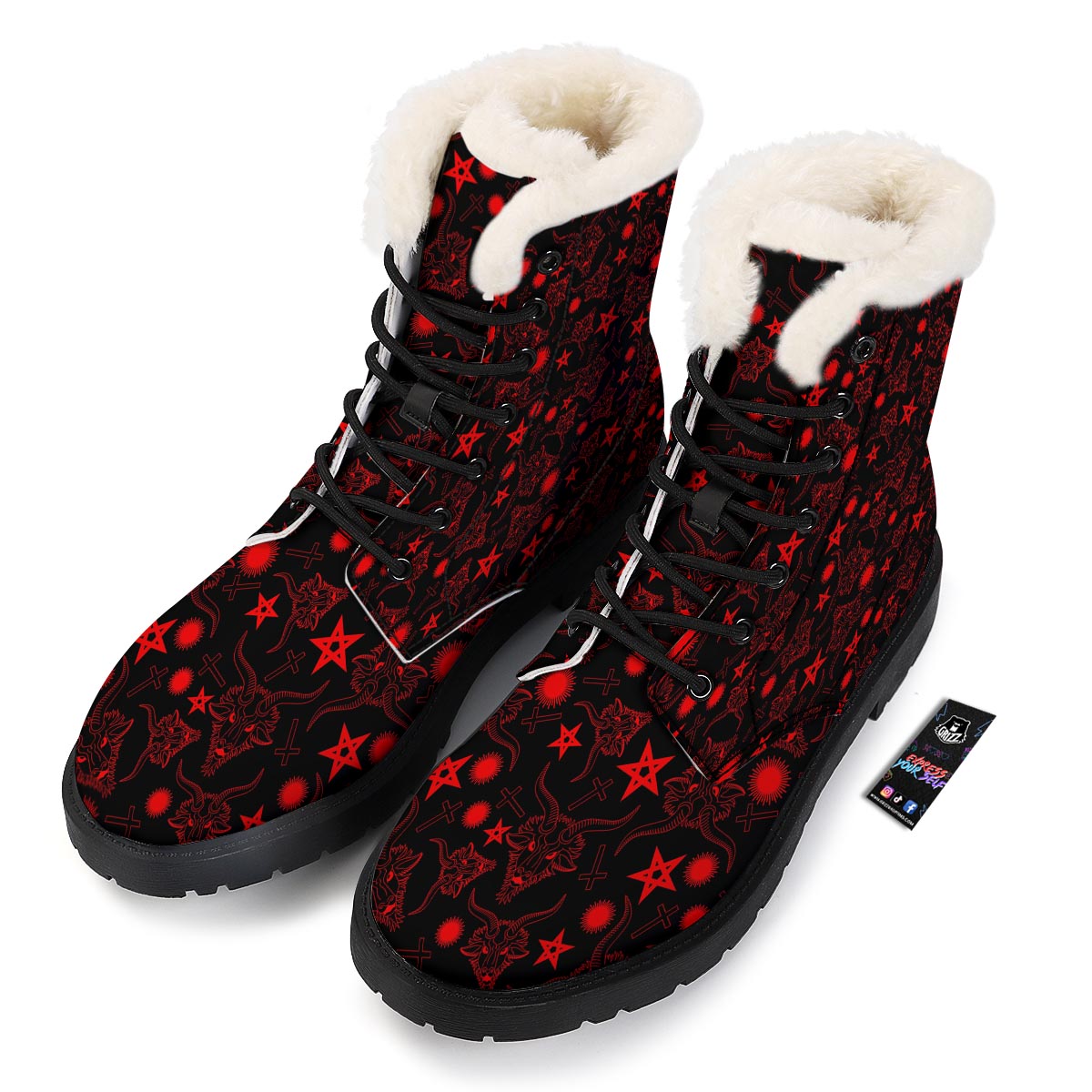 Skull Pentagram Satan Goat Print Pattern Winter Boots-grizzshop