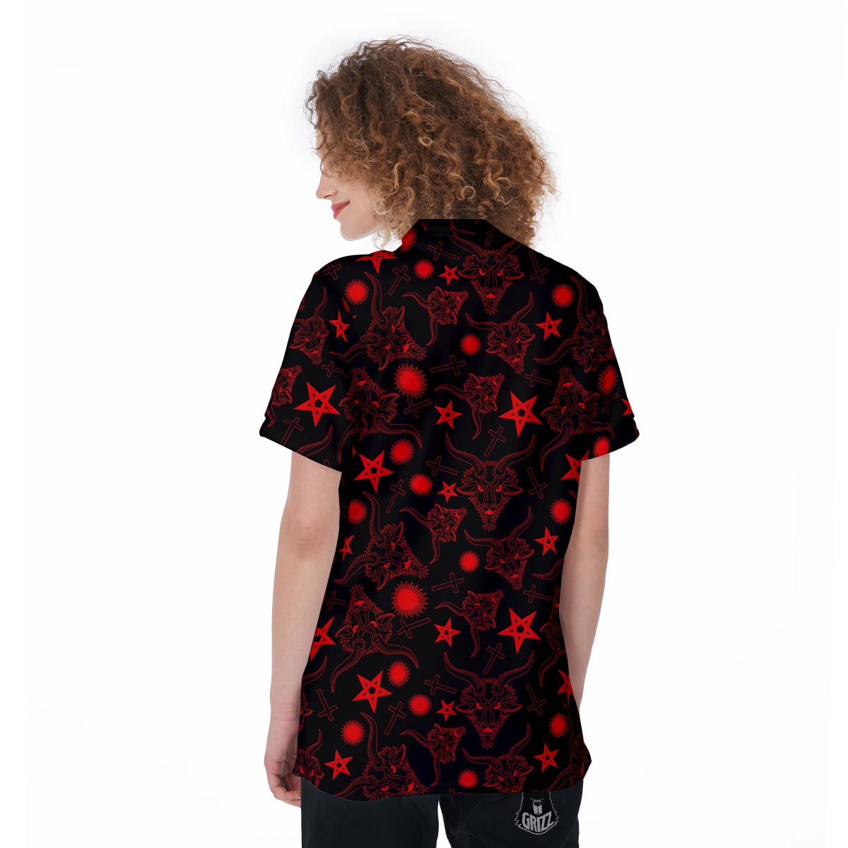 Skull Pentagram Satan Goat Print Pattern Women's Golf Shirts-grizzshop