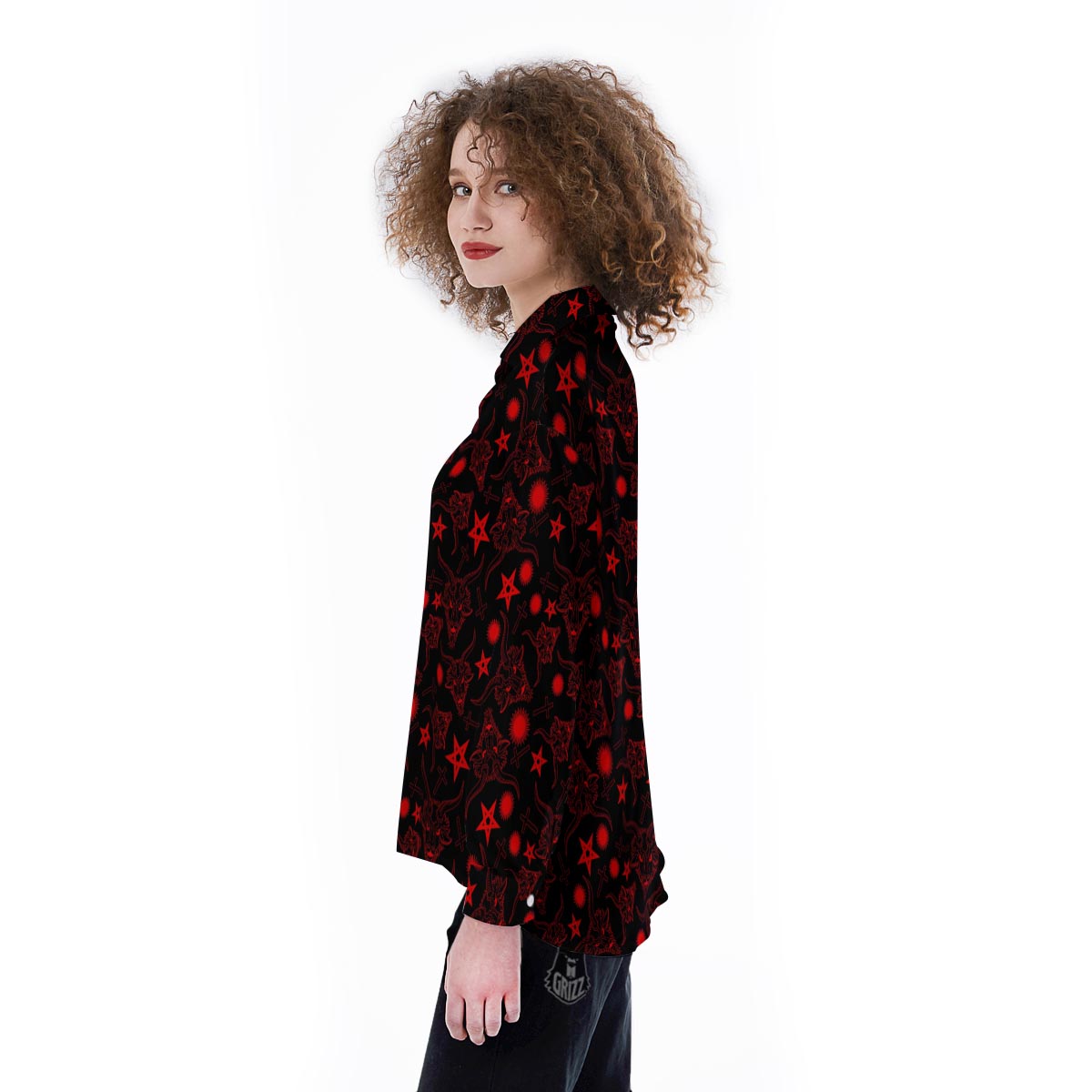 Skull Pentagram Satan Goat Print Pattern Women's Long Sleeve Shirts-grizzshop