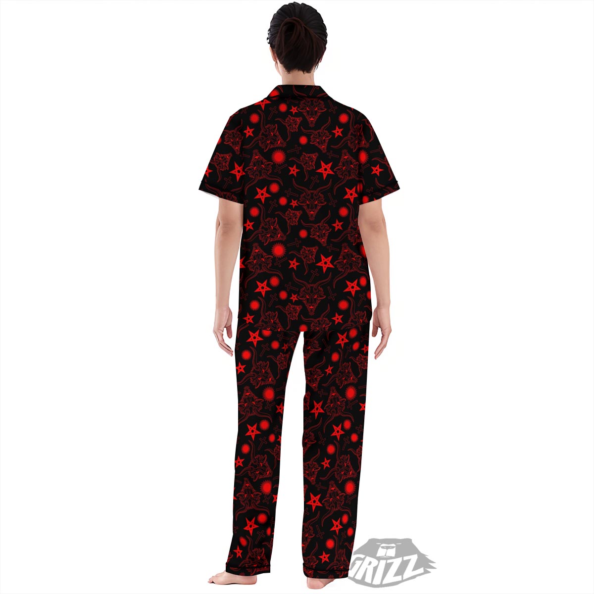 Skull Pentagram Satan Goat Print Pattern Women's Pajamas Set-grizzshop