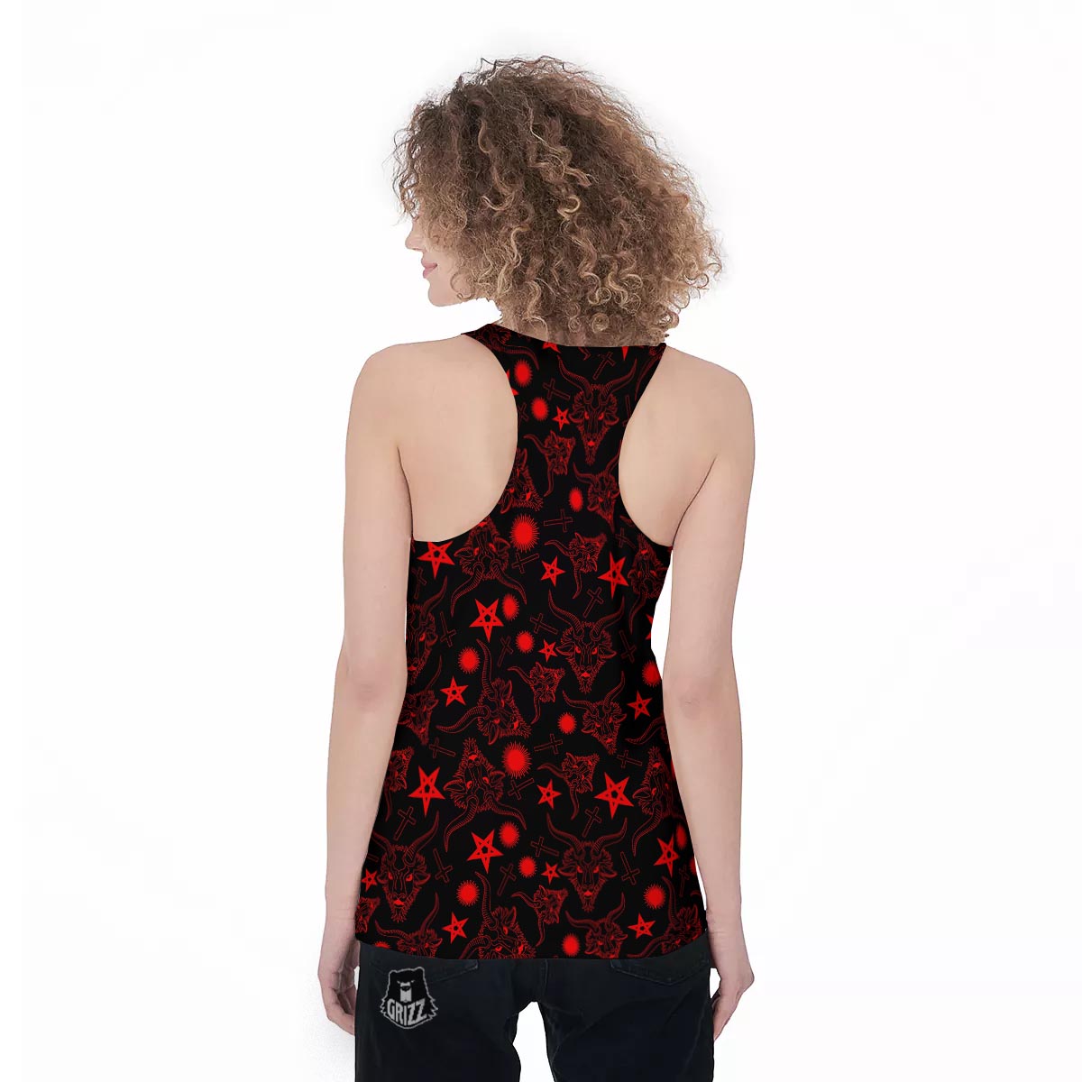 Skull Pentagram Satan Goat Print Pattern Women's Racerback Tank Top-grizzshop