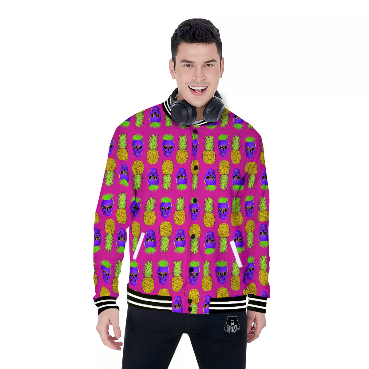 Skull Pineapple Print Pattern Baseball Jacket-grizzshop