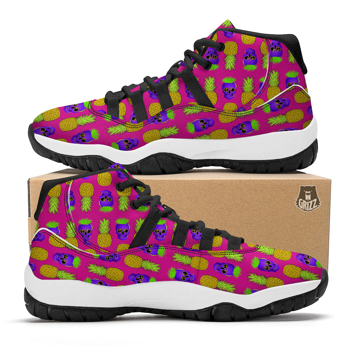 Skull Pineapple Print Pattern Black Bball Shoes-grizzshop