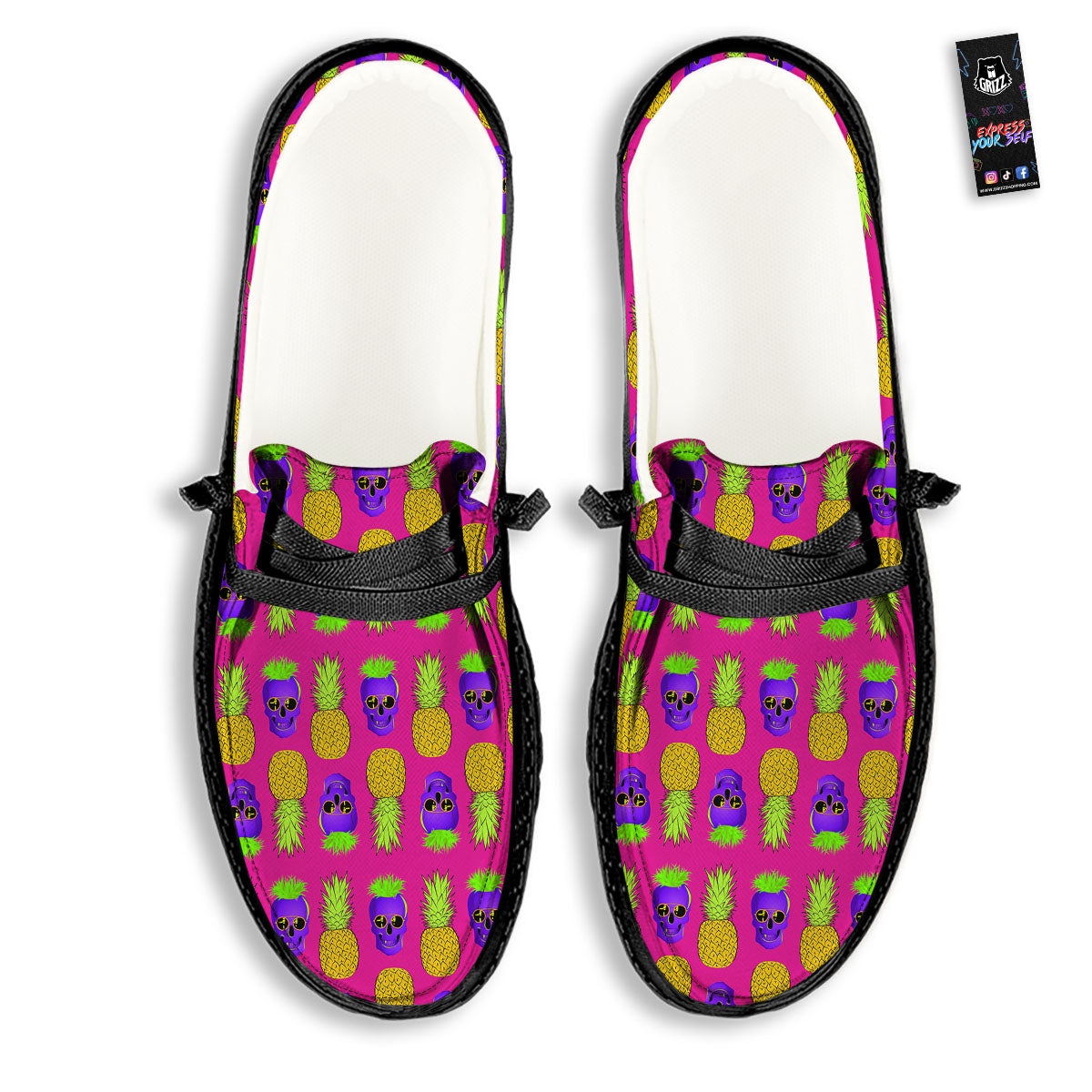 Skull Pineapple Print Pattern Black Loafers-grizzshop