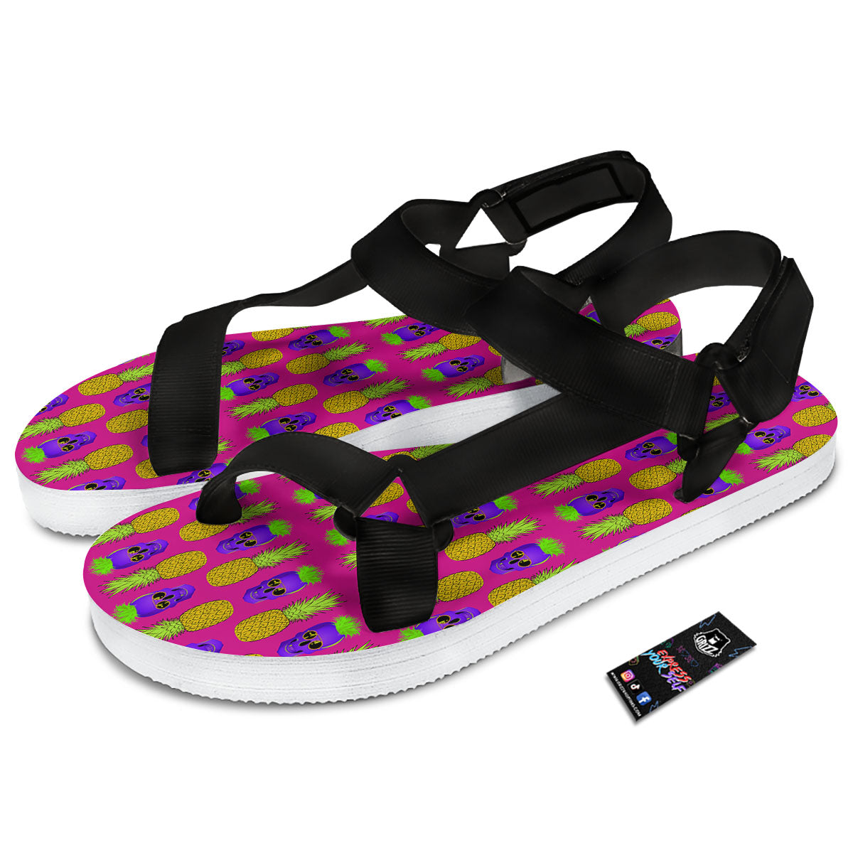 Skull Pineapple Print Pattern Black Open Toe Sandals-grizzshop