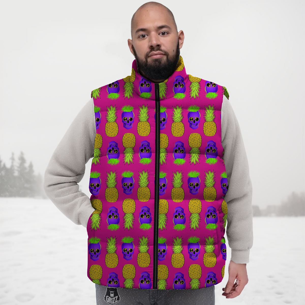 Skull Pineapple Print Pattern Down Vest-grizzshop
