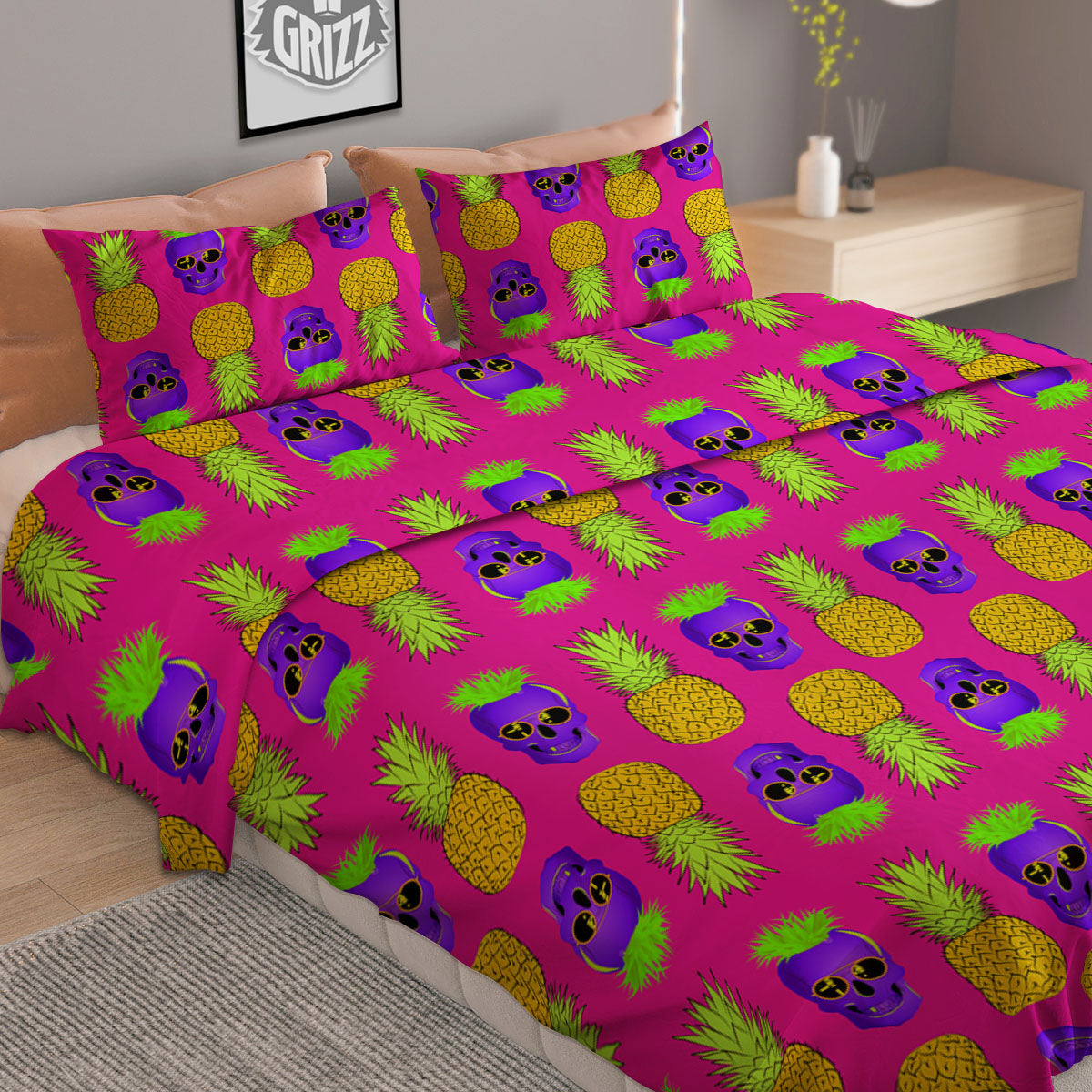 Skull Pineapple Print Pattern Duvet Cover Bedding Set-grizzshop