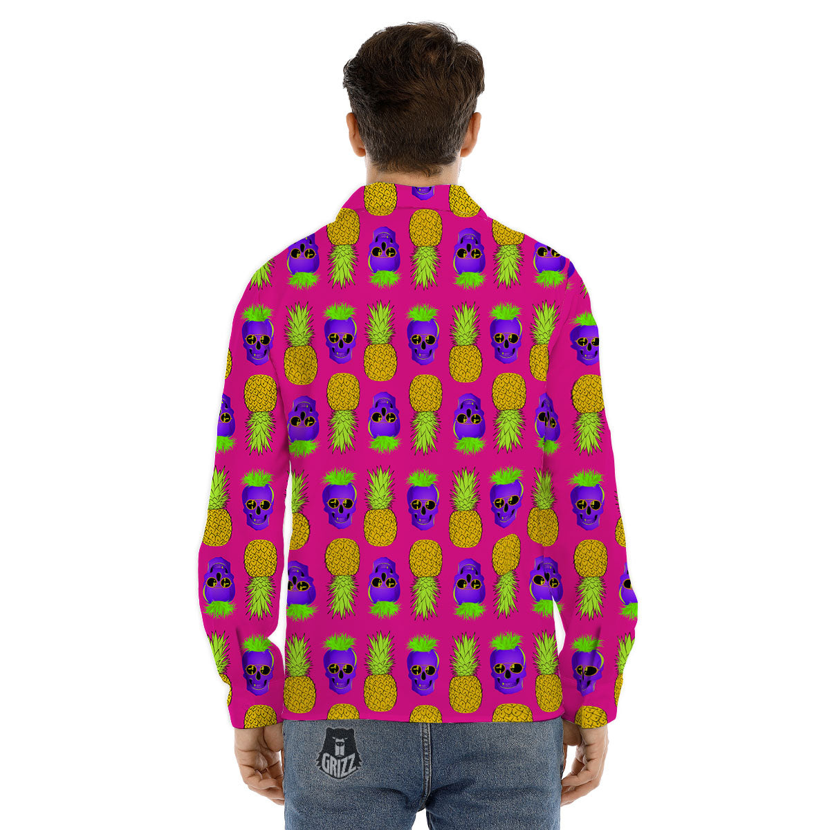 Skull Pineapple Print Pattern Men's Dress Shirts-grizzshop