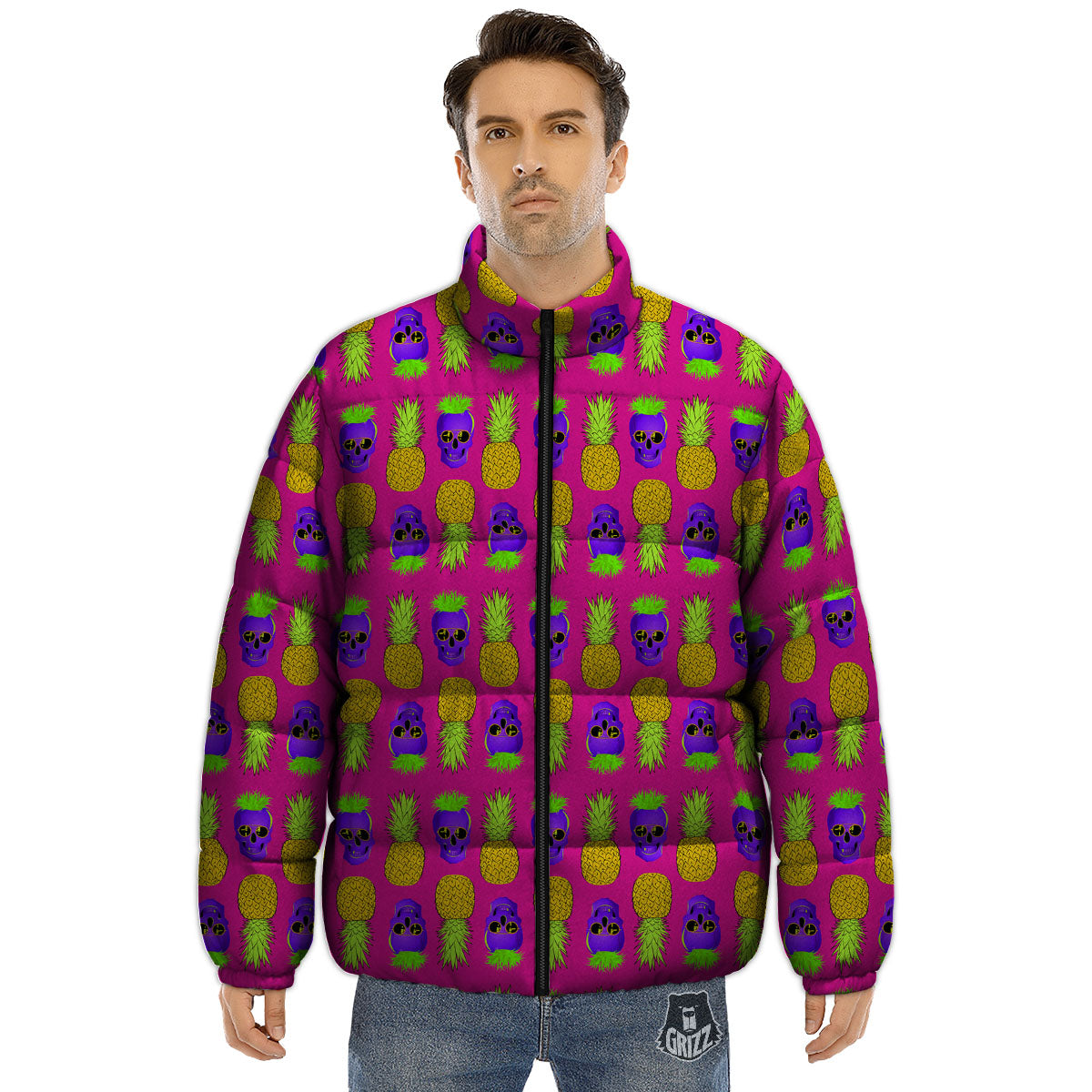 Skull Pineapple Print Pattern Puffer Jacket-grizzshop