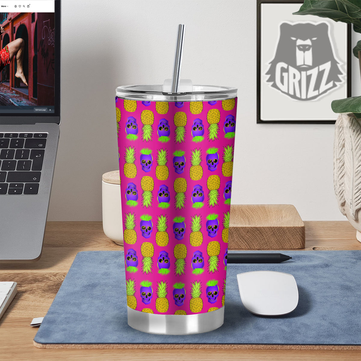 Skull Pineapple Print Pattern Tumbler-grizzshop