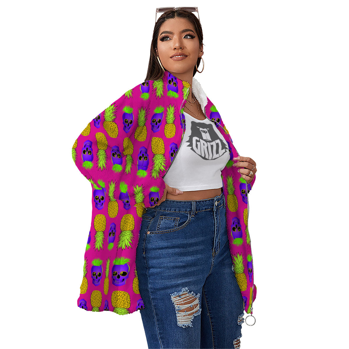 Skull Pineapple Print Pattern Women's Sherpa Jacket-grizzshop