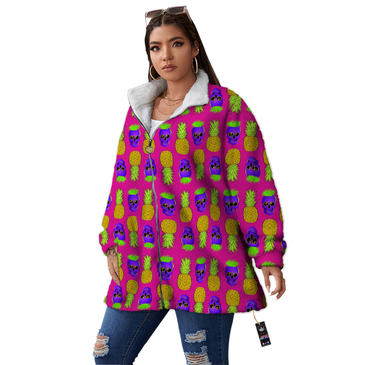 Skull Pineapple Print Pattern Women's Sherpa Jacket-grizzshop