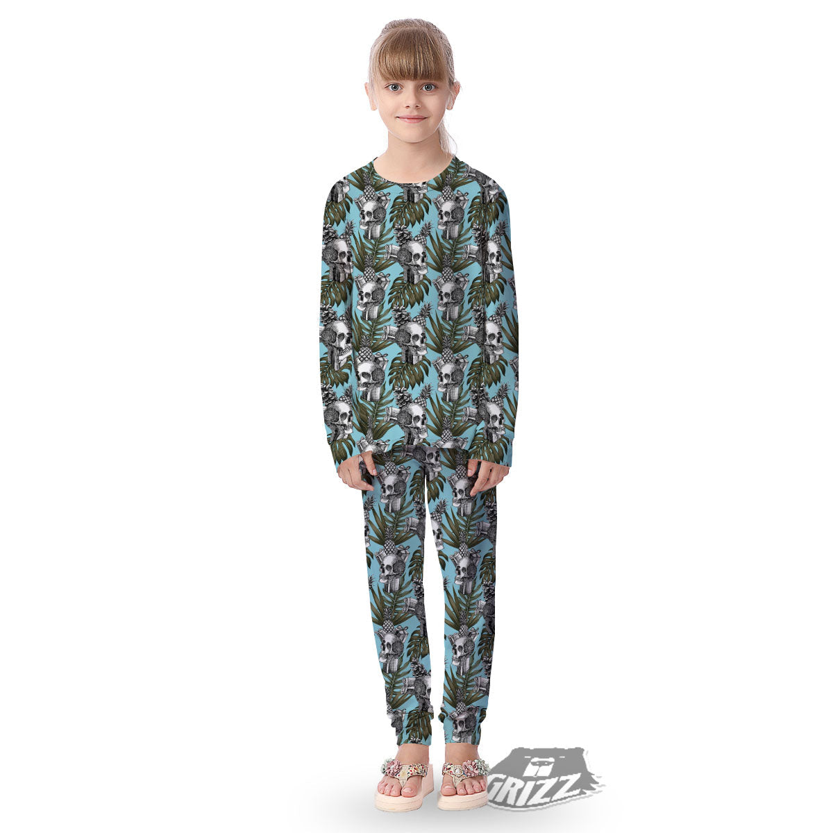 Skull Pineapple Tropical Print Pattern Kid's Pajamas-grizzshop