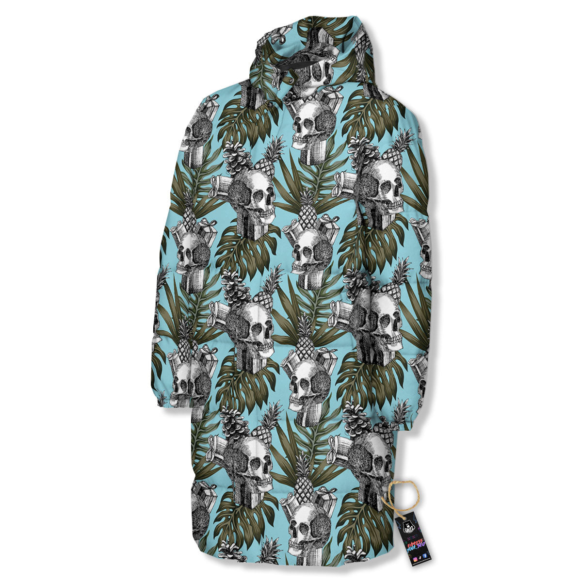 Skull Pineapple Tropical Print Pattern Long Down Jacket-grizzshop