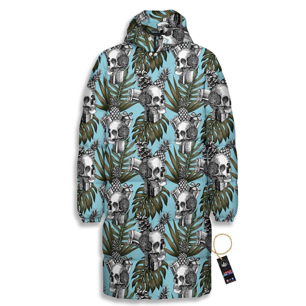 Skull Pineapple Tropical Print Pattern Long Down Jacket-grizzshop
