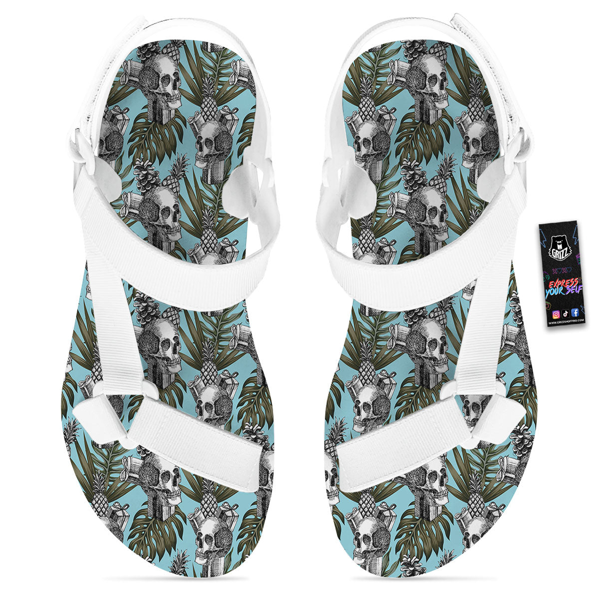Skull Pineapple Tropical Print Pattern White Open Toe Sandals-grizzshop