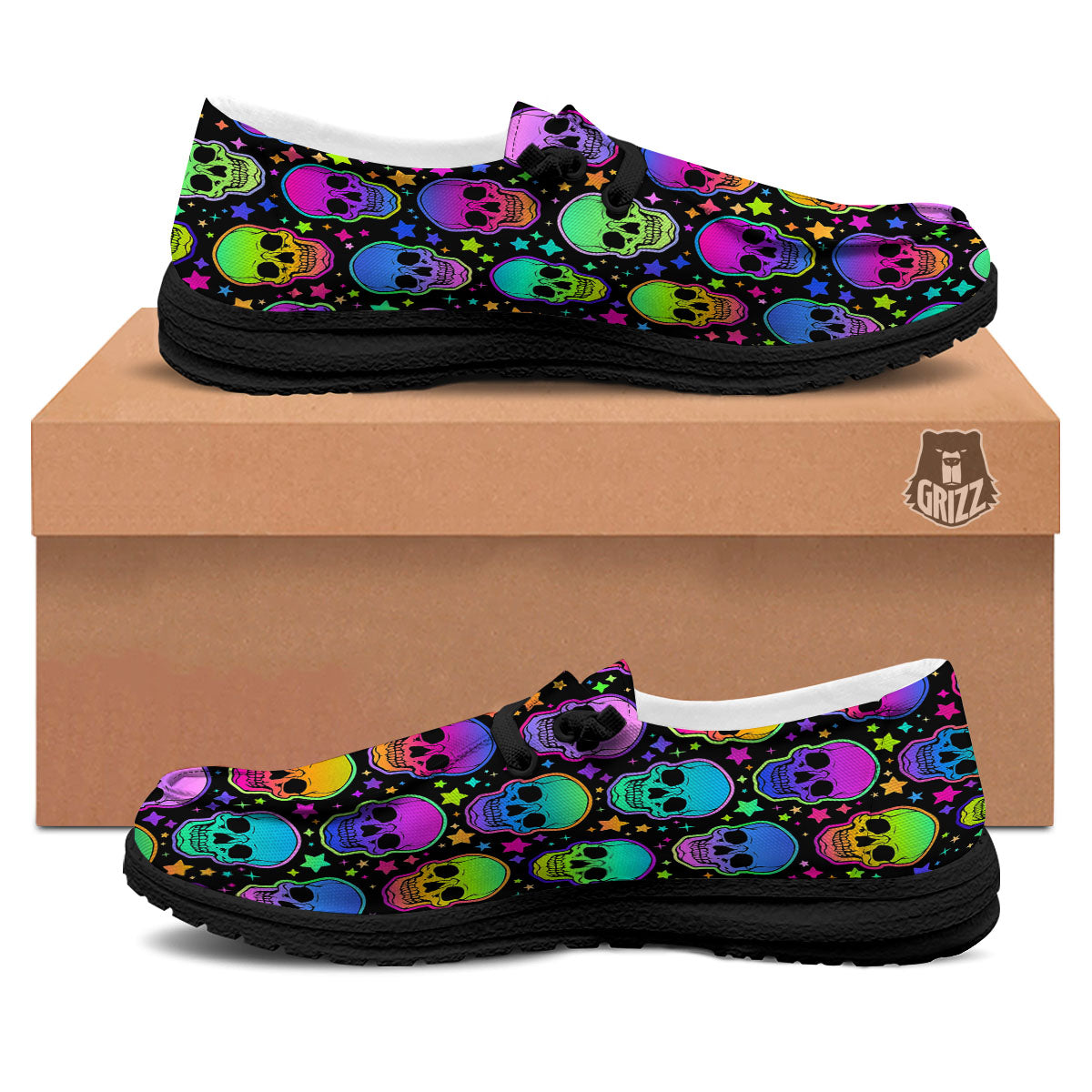 Skull Psychedelic Print Pattern Black Loafers-grizzshop