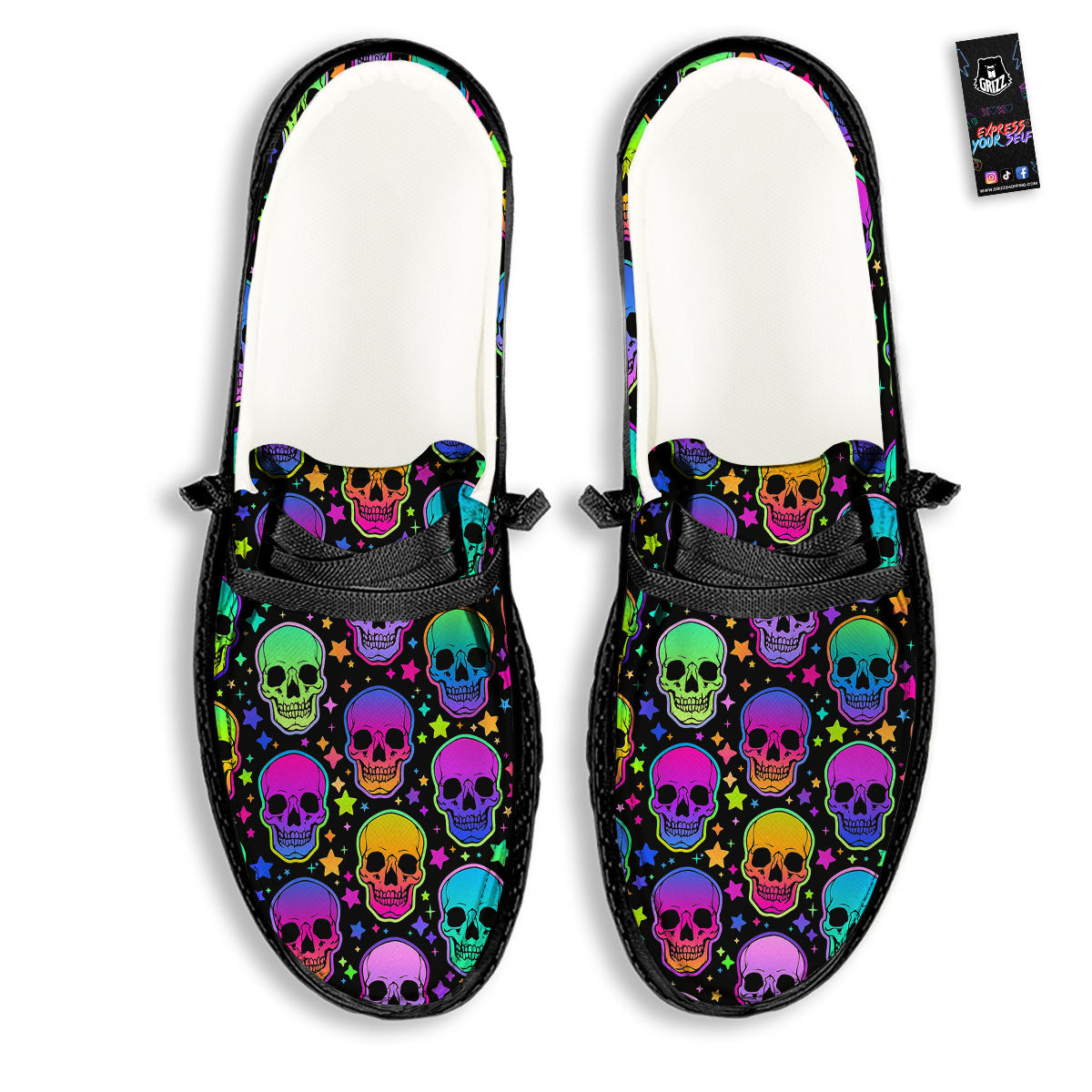 Skull Psychedelic Print Pattern Black Loafers-grizzshop