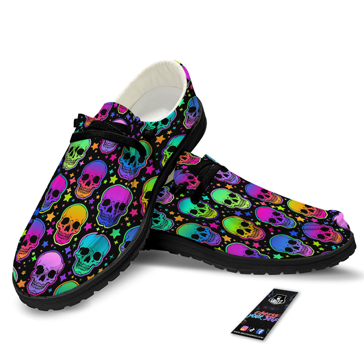 Skull Psychedelic Print Pattern Black Loafers-grizzshop