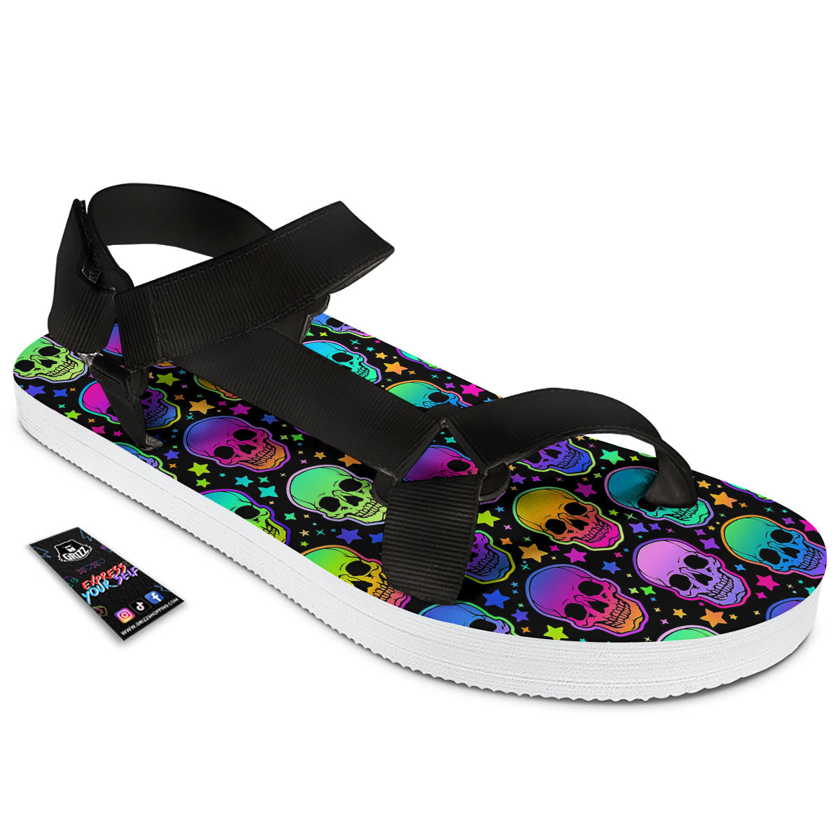 Skull Psychedelic Print Pattern Black Open Toe Sandals-grizzshop
