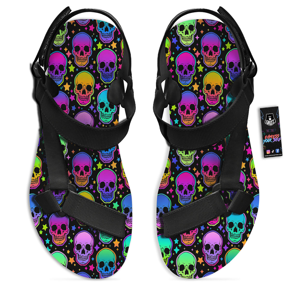 Skull Psychedelic Print Pattern Black Open Toe Sandals-grizzshop