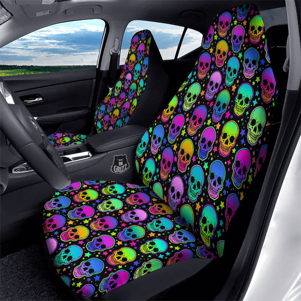 Skull Psychedelic Print Pattern Car Seat Covers-grizzshop