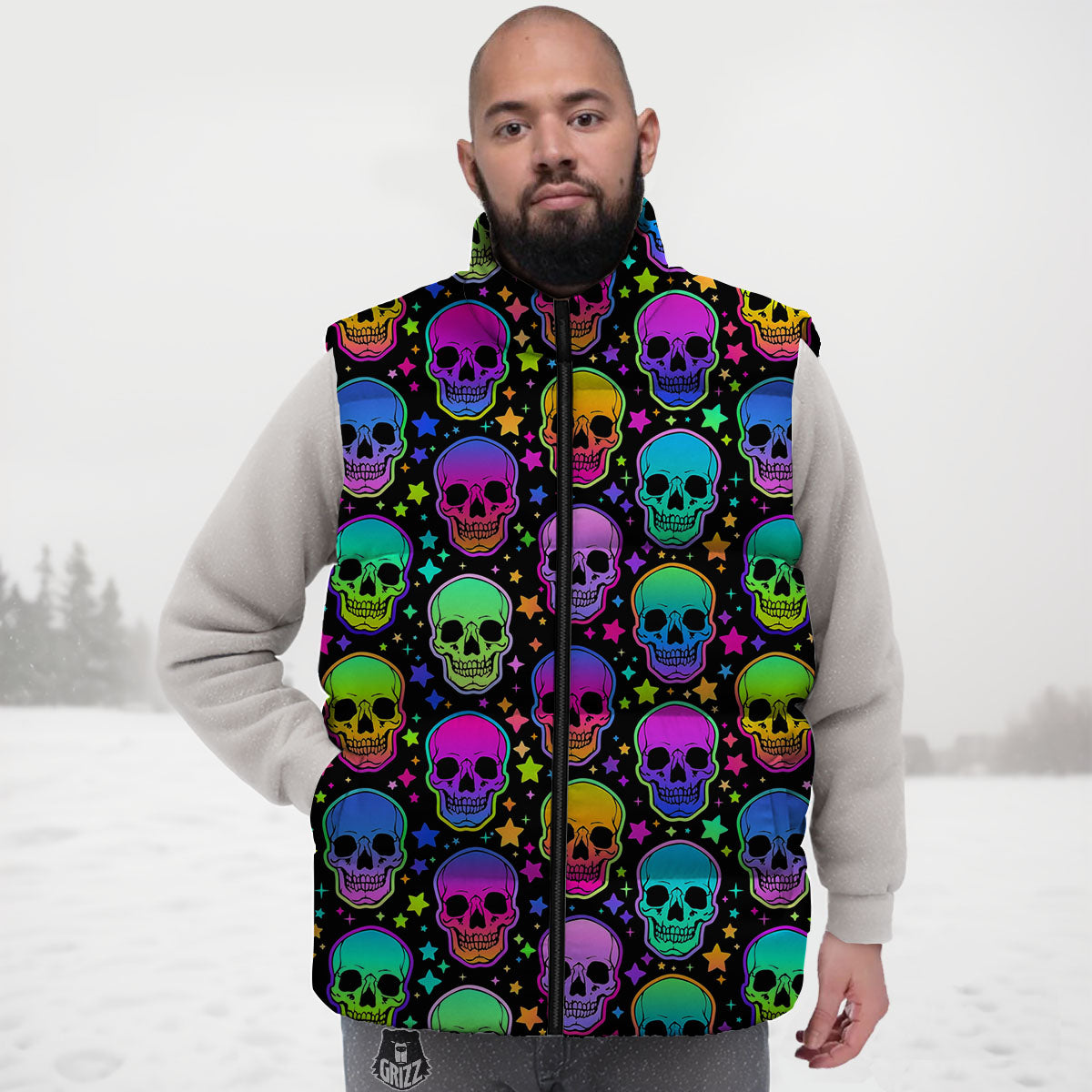 Skull Psychedelic Print Pattern Down Vest