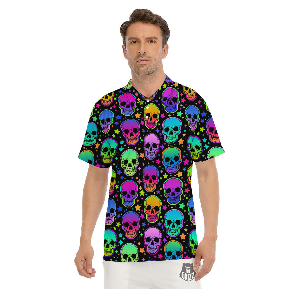 Skull Psychedelic Print Pattern Men's Golf Shirts-grizzshop