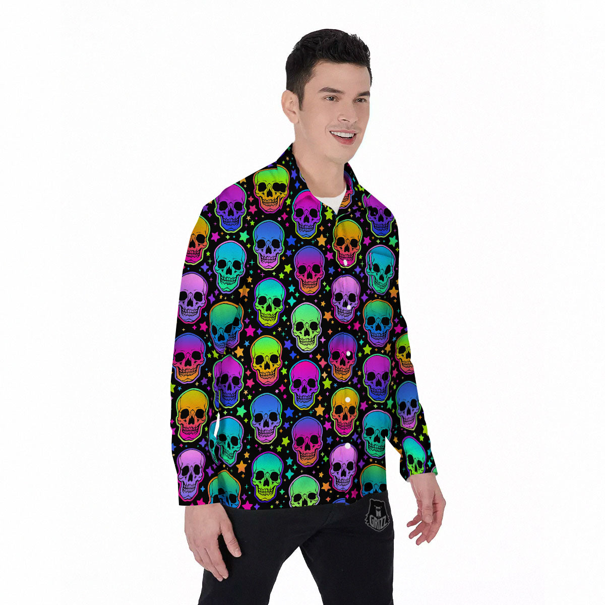Skull Psychedelic Print Pattern Men's Long Sleeve Shirts-grizzshop
