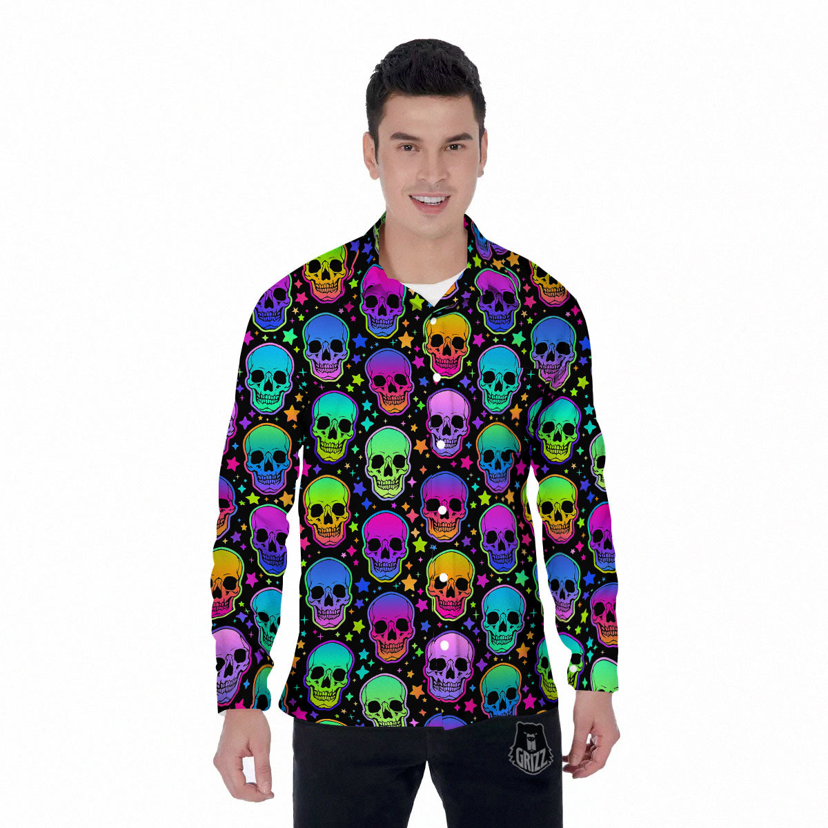 Skull Psychedelic Print Pattern Men's Long Sleeve Shirts-grizzshop