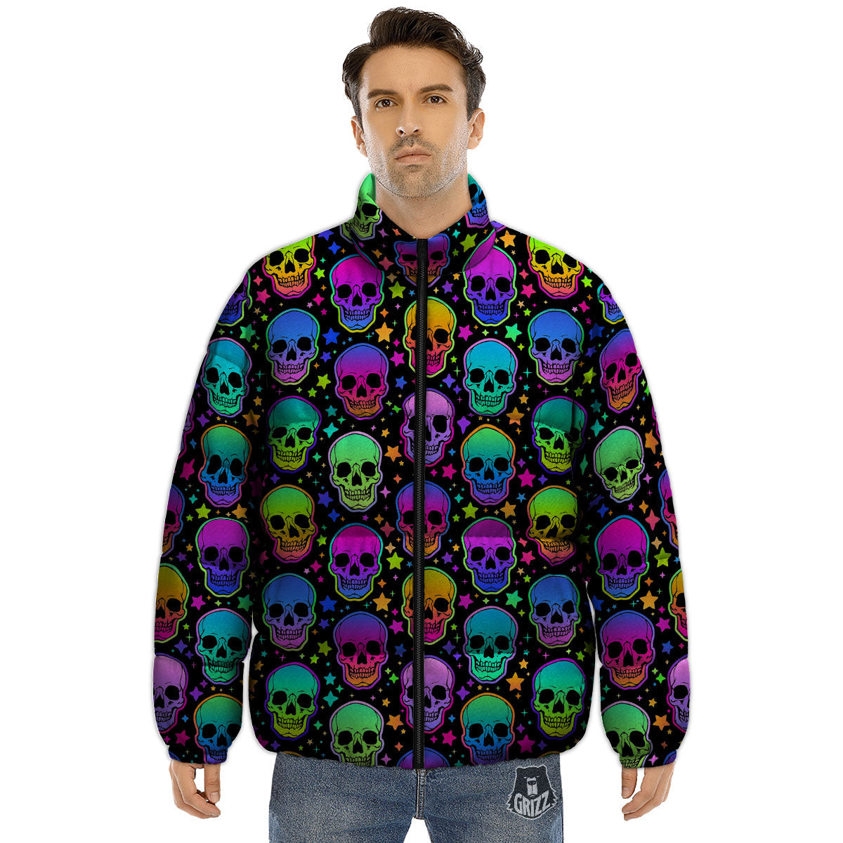 Skull Psychedelic Print Pattern Puffer Jacket-grizzshop