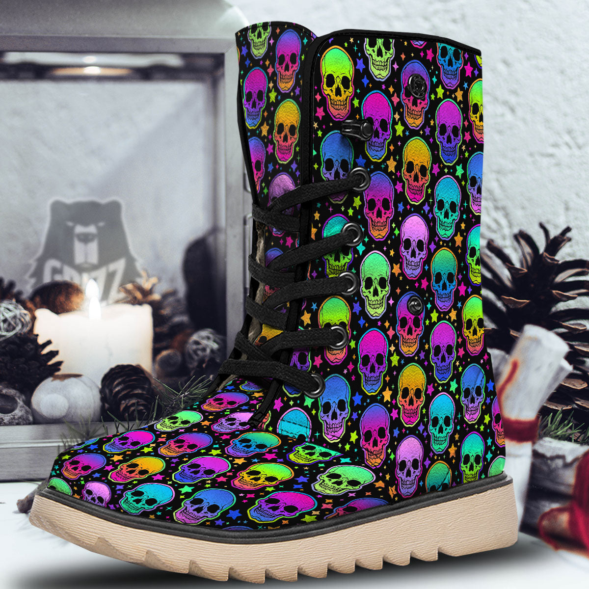 Skull Psychedelic Print Pattern Snow Boots-grizzshop