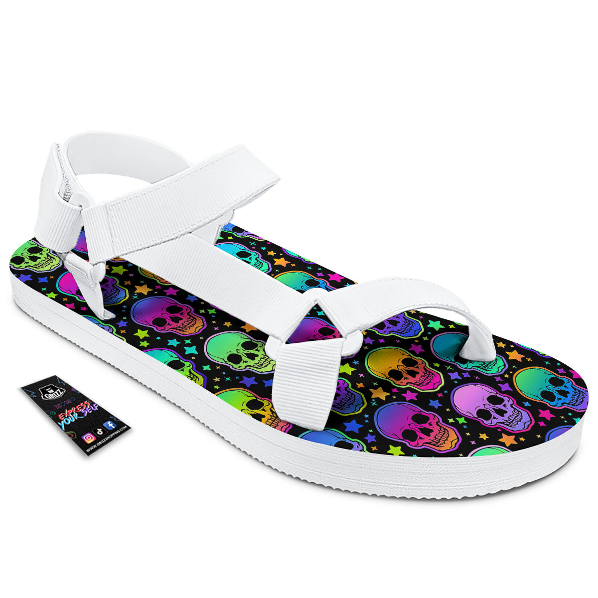 Skull Psychedelic Print Pattern White Open Toe Sandals-grizzshop