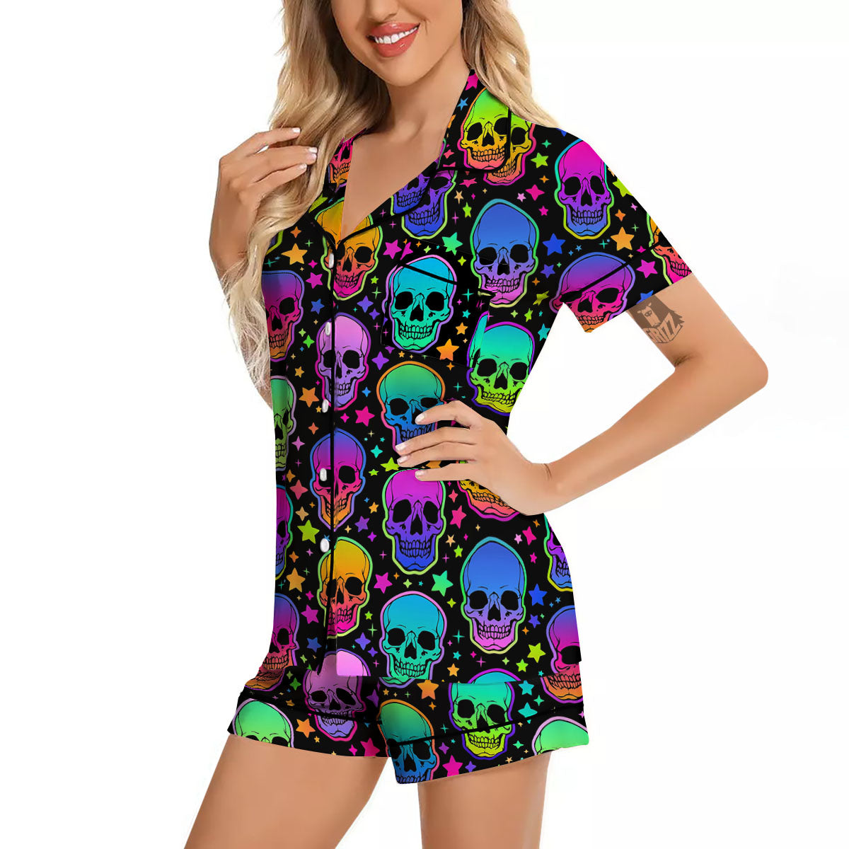 Skull Psychedelic Print Pattern Women Silk Pajamas-grizzshop