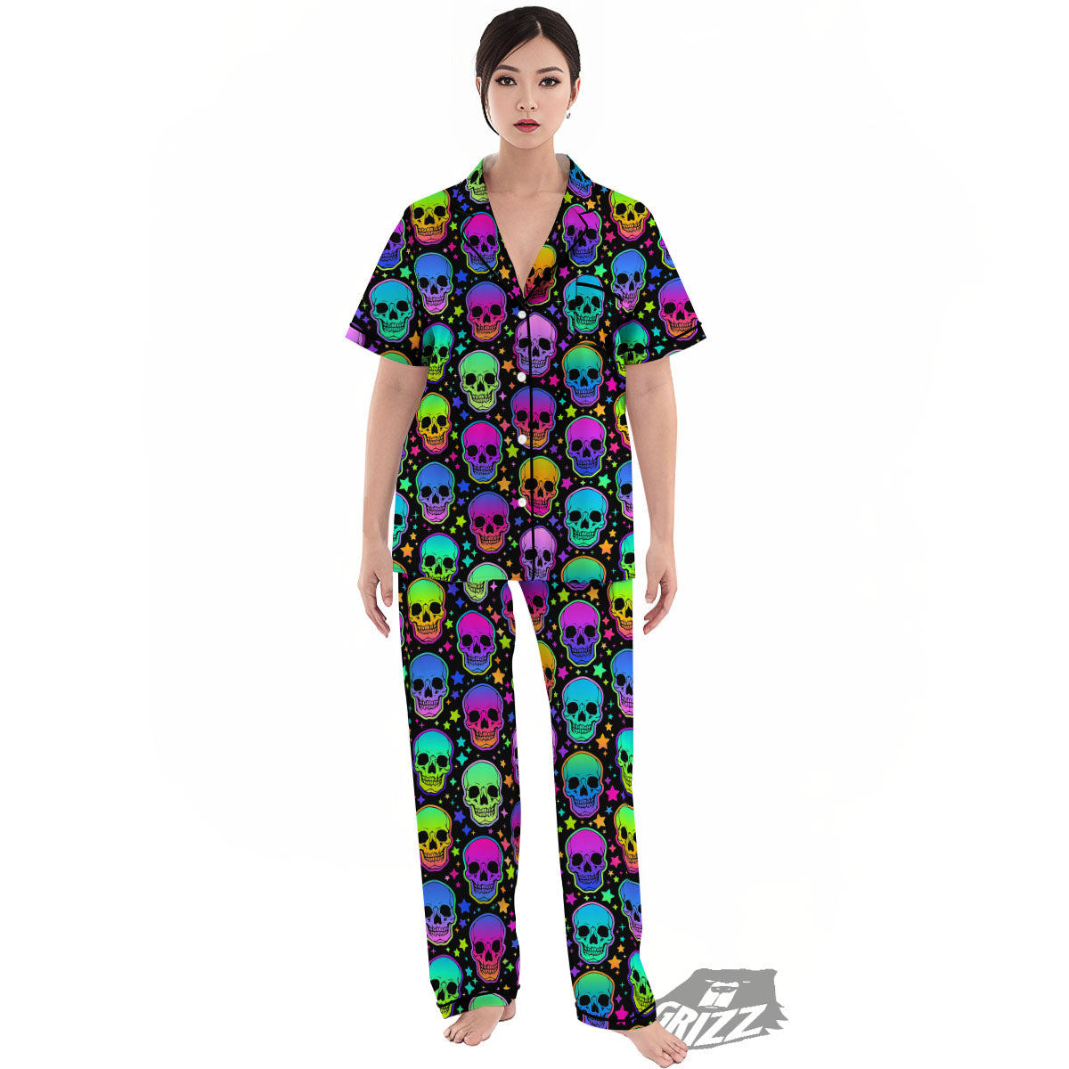 Skull Psychedelic Print Pattern Women's Pajamas Set-grizzshop