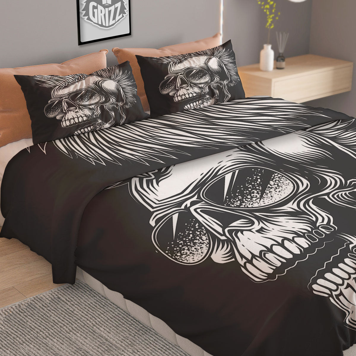Skull Punk Monochrome Print Duvet Cover Bedding Set