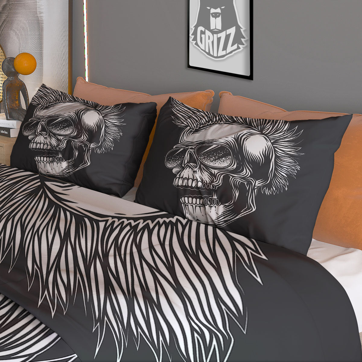 Skull Punk Monochrome Print Duvet Cover Bedding Set
